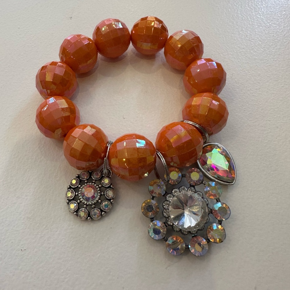 Chunky Orange Beaded Bracelet with Crystal Accents